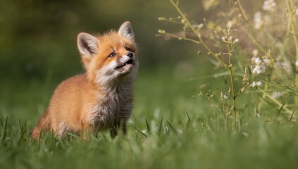 Wall Mural - young red fox kit gazing upwards