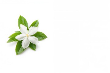 Wall Mural - Close-up of a jasmine bloom adorned with lush green foliage on a plain white backdrop, space available for text