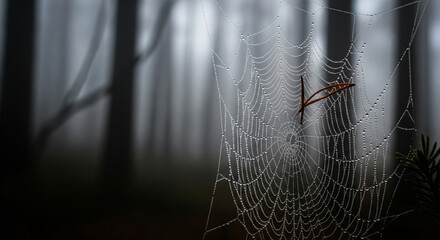 Spider Web with Dew Drops in a Foggy Forest