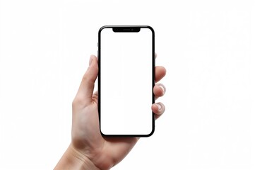 Close-up of a hand gripping a sleek smartphone with a blank white display.