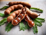 ripe tamarind fruit pods whole and opened revealing sticky brown pulp and seeds with fresh green leaves