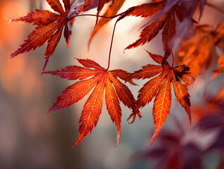 close up of vibrant maple leaves in shades of red and orange, illuminated by soft sunlight, showcasi