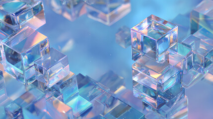 Wall Mural - Abstract light blue 3d background wallpaper with glass holographic transparent square plate shapes render. Geometric crystal block pattern. Futuristic digital technology banner. 3D illustration Stock 