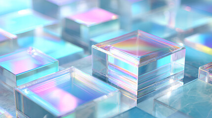 Wall Mural - Abstract light blue 3d background wallpaper with glass holographic transparent square plate shapes render. Geometric crystal block pattern. Futuristic digital technology banner. 3D illustration Stock 