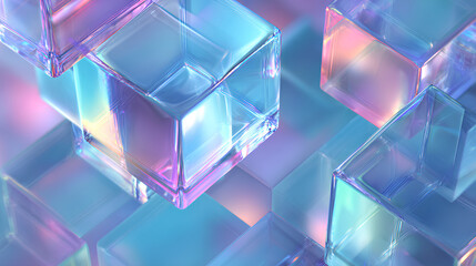 Wall Mural - Abstract light blue 3d background wallpaper with glass holographic transparent square plate shapes render. Geometric crystal block pattern. Futuristic digital technology banner. 3D illustration Stock 