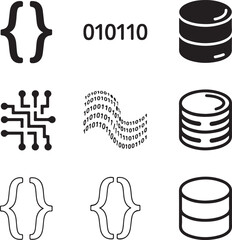 Icons for Programming Data and Databases Including Braces Binary Code and Circuit Board Keywords: programming, coding, braces, curly brackets, data, database, storage, server, binary code, 010110