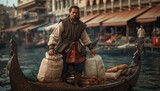 16th-century spice trader holding pepper and cinnamon at bustling exotic harbor