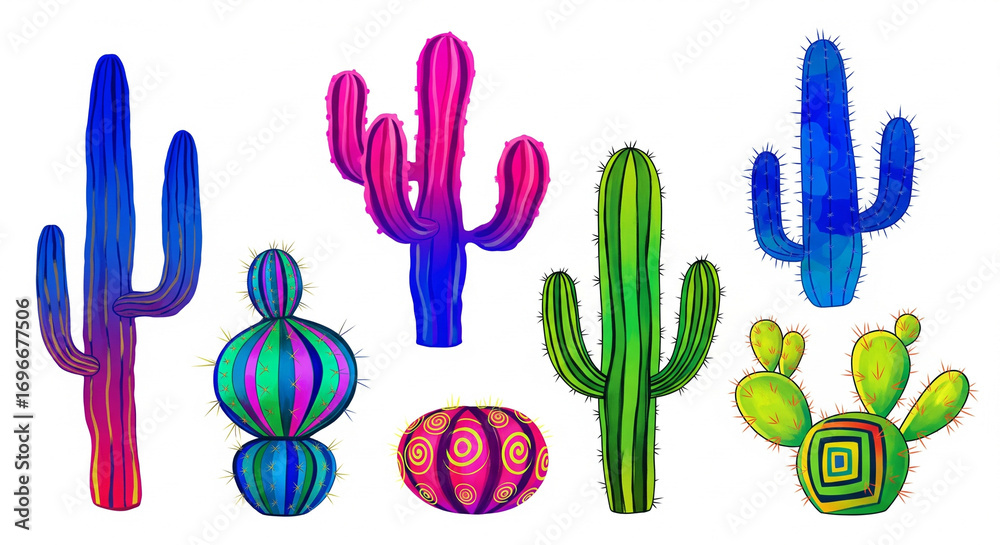 Playful set of colorful cartoon style cactus plants on isolated transparent background