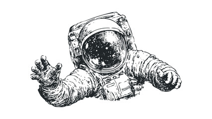 Wall Mural - Astronaut floating in zero gravity with outstretched hand reaching forward. Vector hand drawn illustration