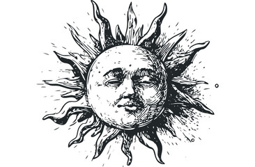 Wall Mural - Personified Sun celestial body with expressive face and rays on transparent background. Vector hand drawn illustration