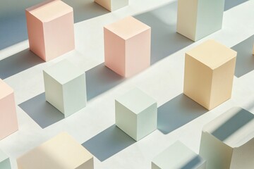 Pastel colored cubes arranged in a grid pattern with shadows on a white surface.