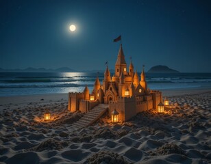 Wall Mural - Dreamy sandcastle aglow with lantern light on a tranquil moonlit beach at night with gentle ocean waves