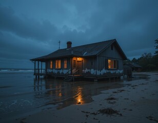 Wall Mural - Cozy beach house glows warmly at dusk as waves gently lap the shore creating serene coastal ambiance