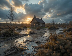 Wall Mural - Rustic log cabin reflects serene sunset over flooded marshland, evoking peaceful solitude and natural beauty.