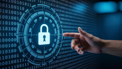 Secure digital access with glowing padlock icon and human finger interacting with binary code
