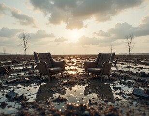 Wall Mural - Two empty armchairs await in a desolate, flooded landscape under a dramatic sunset sky
