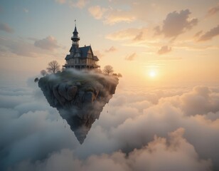 Wall Mural - Enchanting mansion floats majestically above clouds at golden hour, a dreamlike escape.