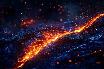 Wall Mural - Abstract fiery orange and blue cosmic landscape with glowing elements and dark background.