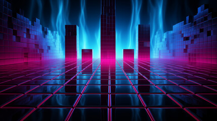 Abstract neon glowing grid with futuristic city background
