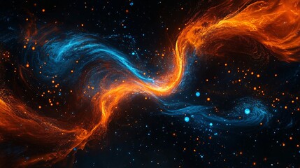 Wall Mural - Abstract cosmic nebula illustration with orange and blue swirling clouds and stars.
