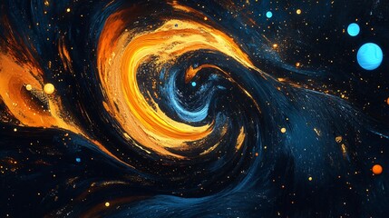 Wall Mural - Abstract cosmic swirl of orange and blue with stars and planets.