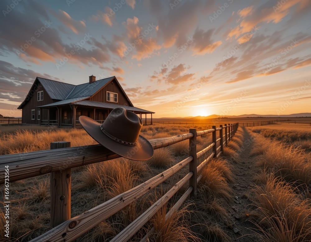 Golden sunset over ranch house with cowboy hat, evoking peace, freedom ...