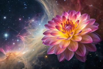 vibrant dahlia flower blooms against a cosmic nebula background