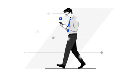 Businessman Focused On His Smartphone, Walking And Receiving Notifications On His Device