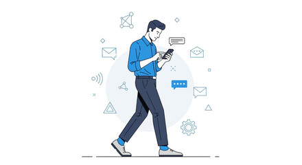 Casual Man Walking While Interacting With His Mobile Smartphone Device Communicating