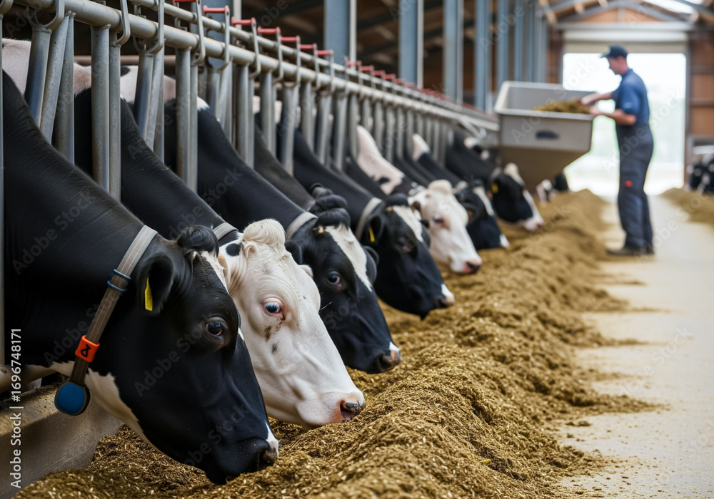 Fodder Worker Healthy dairy cows feeding on fodder standing in row of stables in ...