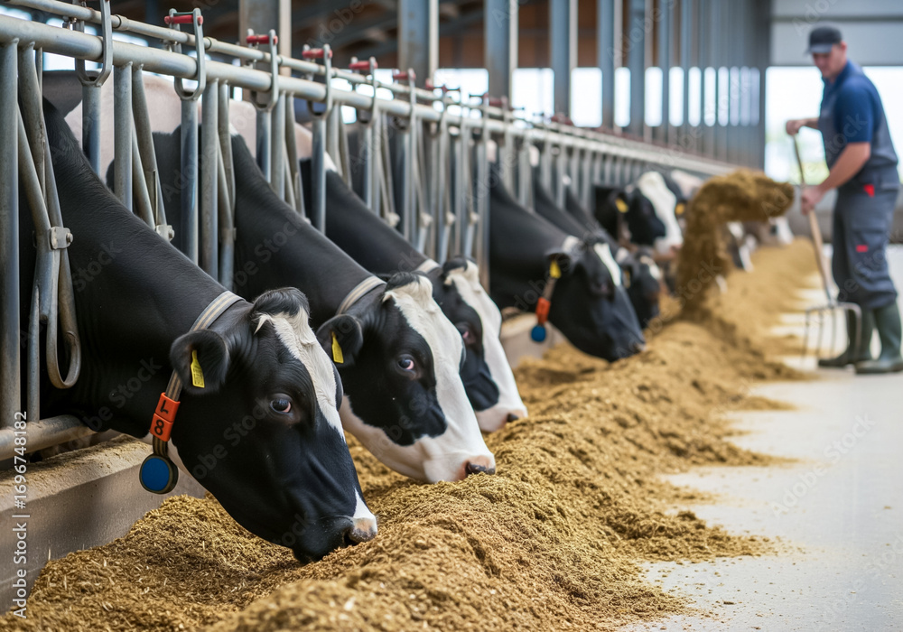 Fodder Worker Healthy dairy cows feeding on fodder standing in row of stables in ...