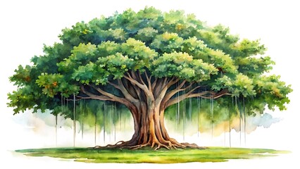 Watercolor painting of a banyan tree isolated on white background, green leaves