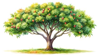 Watercolor painting of a mango tree with ripe fruits isolated on white background