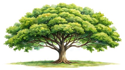 Watercolor illustration of a large green tree isolated on white background