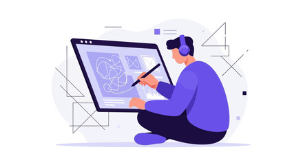 Digital Artist Creating Design on Tablet With Headphones and Geometric Elements