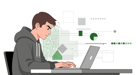 Focused Coder Working on Laptop with Dynamic Circuit Board and Design Elements