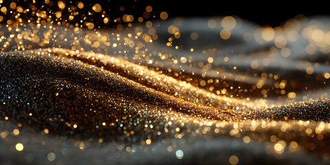 Wall Mural - Golden dust and sand on the black background, scattered gold dust, sand effect with glitters and sequins. Wallpaper and banner.