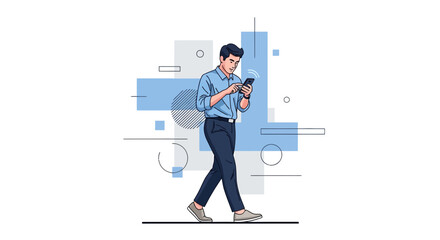Modern Illustrated Scene Of a Man Using Smartphone While Walking On White Background
