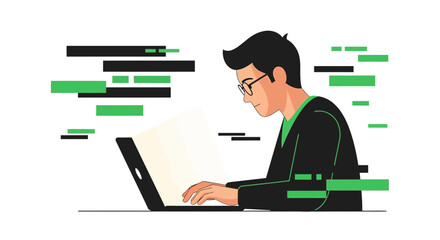 Man Focused Coding, Illustrated With Abstract Binary Data In Modern Graphic Design