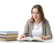 © MdNipon - College Student Reading Book at Desk, Front View, Transparent Background PNG