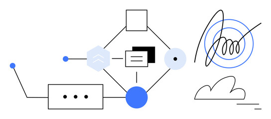 Connected shapes, lines, dots, and abstract elements illustrating data flow, connection, and process concepts. Ideal for technology, networking, analytics process design automation creativity