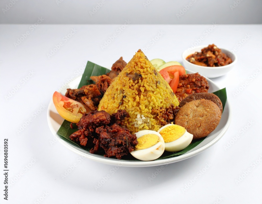Traditional Indonesian Rice Tumpeng with many topping like egg ...