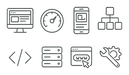 Web development icons: website design tools and optimization elements