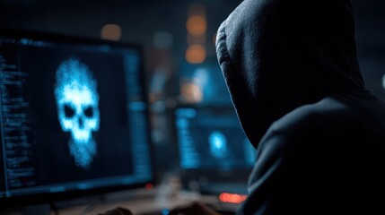 Hacker in black hoodie hacking system for data breach with skull illustration on computer screens in a dark room at night