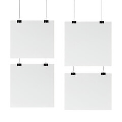 four blank white paper sheets attached with clips isolated on a transparent background isolated on t