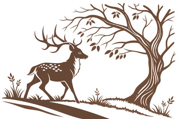 Naklejka na meble Deer standing in a forest near a tree, nature and wildlife