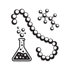 Abstract illustration of a chemical reaction with a flask producing bubbles and a molecular structure in a scientific laboratory setting