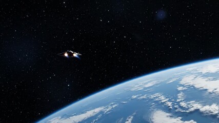 Wall Mural - Spaceship flying in outer space above Earth with glowing engines, stars, clouds, and galaxy views, evoking adventure and space exploration excitement