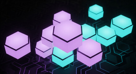 Vibrant neon hexagons glow on dark tech circuit background