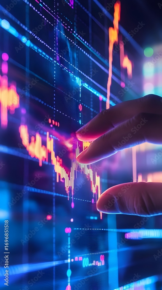 Hand analyzing stock market candlestick chart on a vibrant digital ...